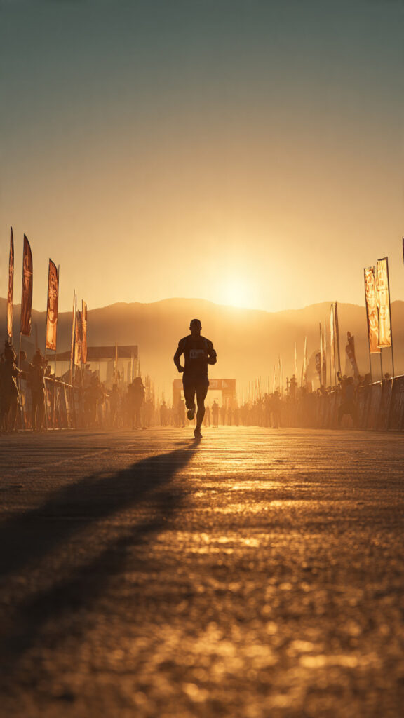A runner going beyond the finish line, representing the Law of the Extra Mile and the commitment to excellence.