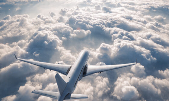 An airplane soaring above the clouds, representing the law of aerodynamics over gravity.
