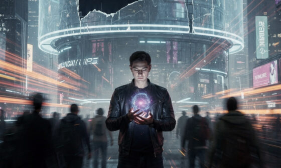 A conceptual image of a person standing still in a blurred, rushing crowd, looking beyond a flashy 'Hype' billboard to see the truth, symbolizing the Stoic discipline of reason over social pressure.