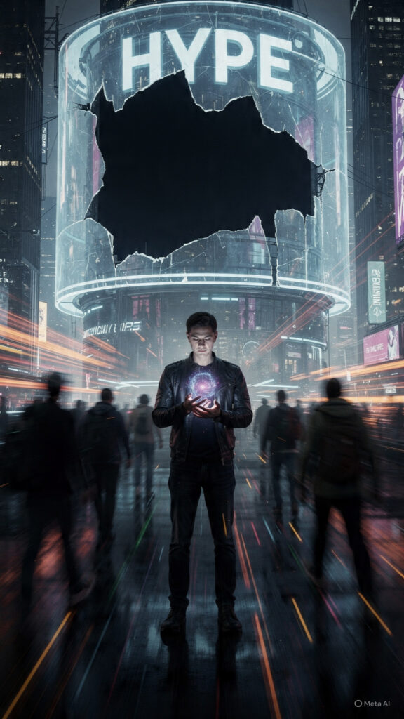 A conceptual image of a person standing still in a blurred, rushing crowd, looking beyond a flashy 'Hype' billboard to see the truth, symbolizing the Stoic discipline of reason over social pressure.