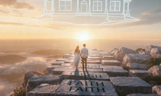 A couple standing on a solid stone foundation engraved with core values like Faith and Integrity, looking toward a bright horizon under a blueprint of their shared future.