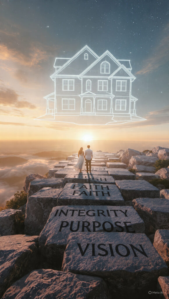 A couple standing on a solid stone foundation engraved with core values like Faith and Integrity, looking toward a bright horizon under a blueprint of their shared future.
