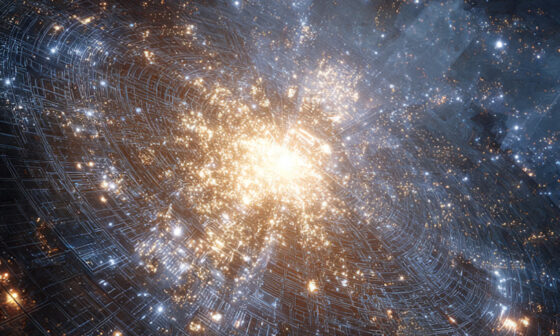 A conceptual image showing the birth of the universe from a single point of light, guided by a translucent, golden architectural mind in the stars, illustrating the Cosmological Argument.