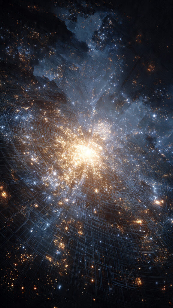 A conceptual image showing the birth of the universe from a single point of light, guided by a translucent, golden architectural mind in the stars, illustrating the Cosmological Argument.