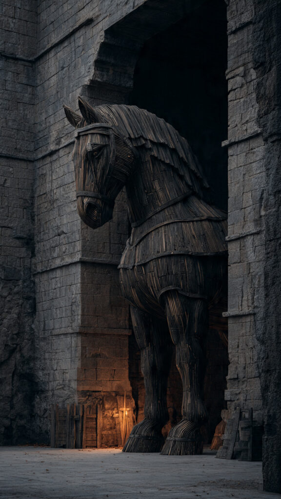 The Trojan Horse outside the gates of Troy, symbolizing the need for discernment in personal. spiritual and professional life.