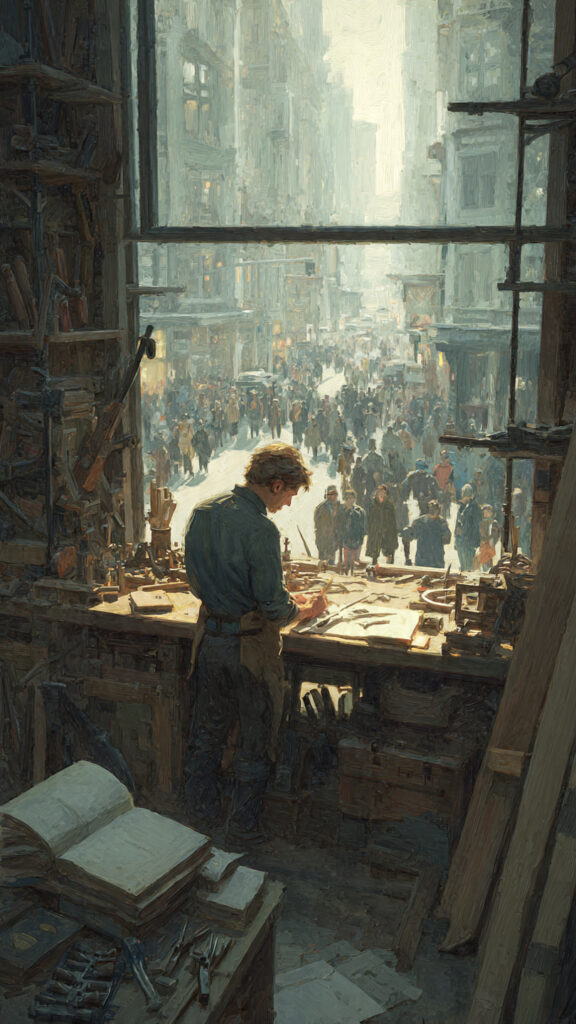 A focused young person working within a structured and specialized environment, symbolizing the choice of a 'voluntary prison' of discipline to build a future.