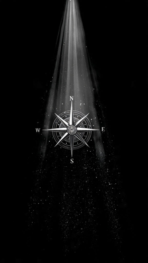 Symbolic representation of a compass pointing toward light in a dark environment.