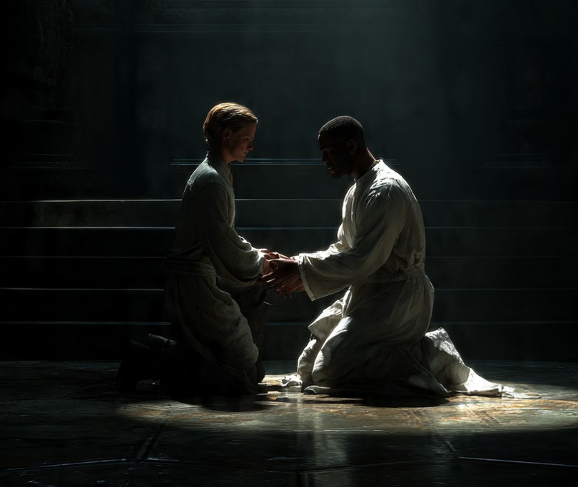 A conceptual image showing a leader engaging at eye-level with another person rather than sitting on a distant throne, symbolizing the power of appeal over command.