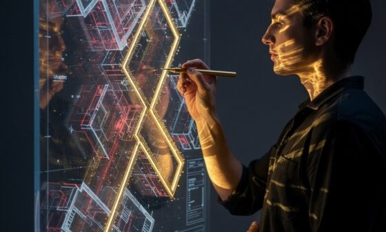 A conceptual, high-contrast photograph representing "The Invisible Blueprint." A person is seen from the side, standing in front of a massive, translucent glass wall that is suspended in a void. On the glass, glowing blueprint lines of a complex geometric structure are etched in white light, overlapping the person's own shadow. The person is holding a glowing golden stylus, actively redrawing one of the skewed, jagged lines to be perfectly straight and symmetrical. The background is a deep, dark navy blue, making the glowing blueprint and the golden corrections stand out. The lighting is sharp and focused on the point of contact between the stylus and the glass, symbolizing the moment a "starting statement" is changed.
