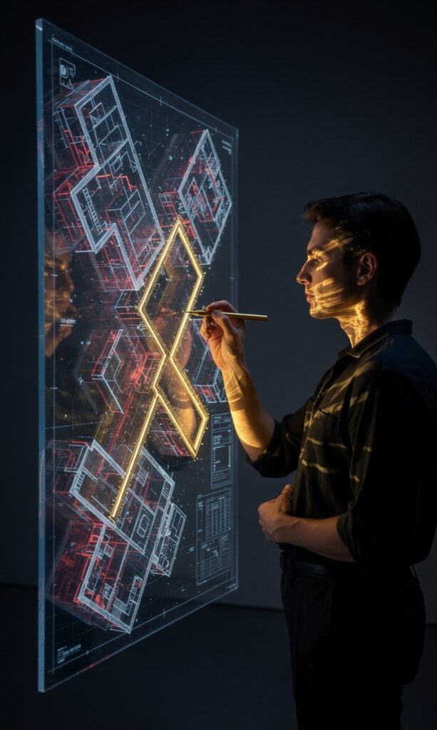 A conceptual, high-contrast photograph representing "The Invisible Blueprint." A person is seen from the side, standing in front of a massive, translucent glass wall that is suspended in a void. On the glass, glowing blueprint lines of a complex geometric structure are etched in white light, overlapping the person's own shadow. The person is holding a glowing golden stylus, actively redrawing one of the skewed, jagged lines to be perfectly straight and symmetrical. The background is a deep, dark navy blue, making the glowing blueprint and the golden corrections stand out. The lighting is sharp and focused on the point of contact between the stylus and the glass, symbolizing the moment a "starting statement" is changed.