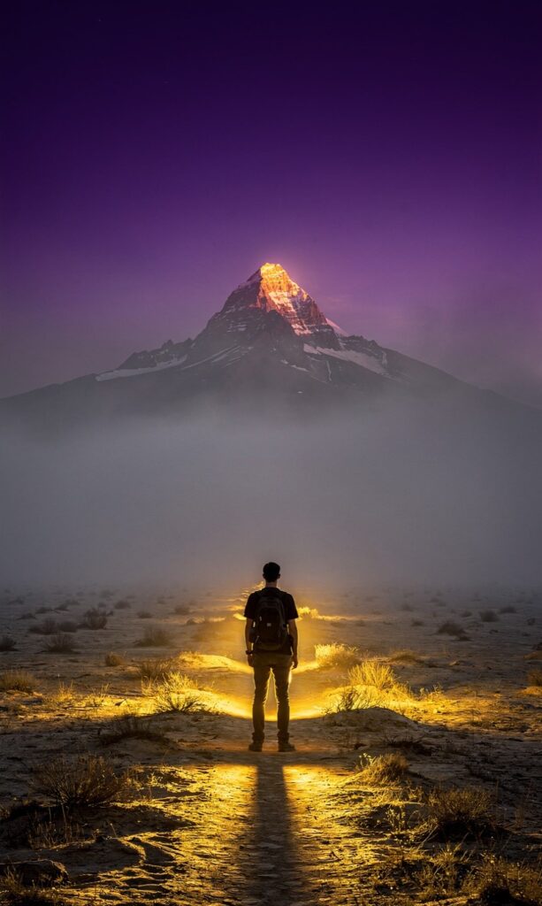 A conceptual image showing a person standing at a crossroads in a vast desert, with one path glowing brightly in gold while the others fade into grey mist, symbolizing the clarity a goal provides against the anxiety of infinite choice.