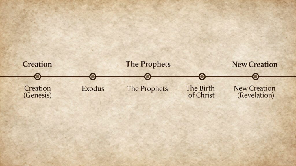 A chronological timeline of the Bible from Genesis to Revelation highlighting key theological milestones.