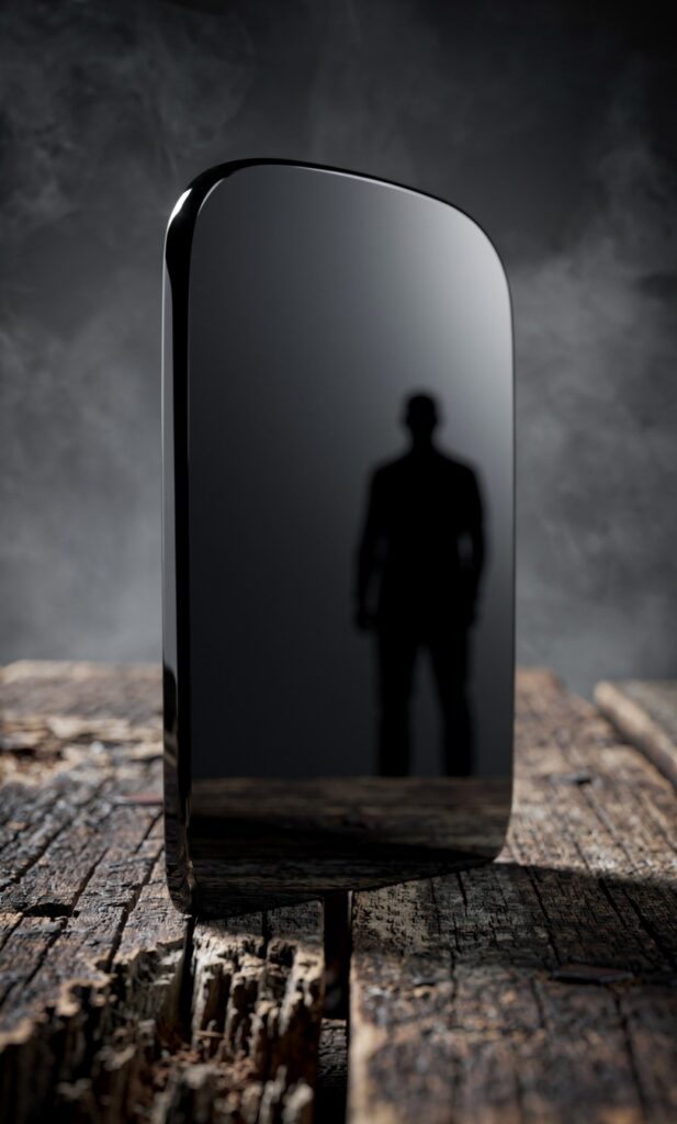 A realistic conceptual photo of a polished obsidian mirror that remains completely empty and unbothered before a shadow, illustrating the ultimate standard of an adversary having nothing inside your soul.