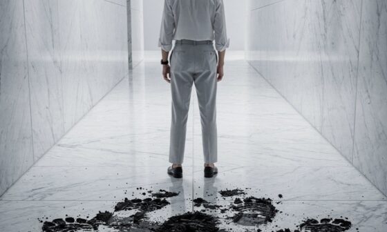 A stark, high-contrast black and white photograph representing boundaries. A person stands completely calm and composed at the edge of a muddy field, looking forward into a clean path of white stone, while chaotic, messy footprints churn in the mud behind them.