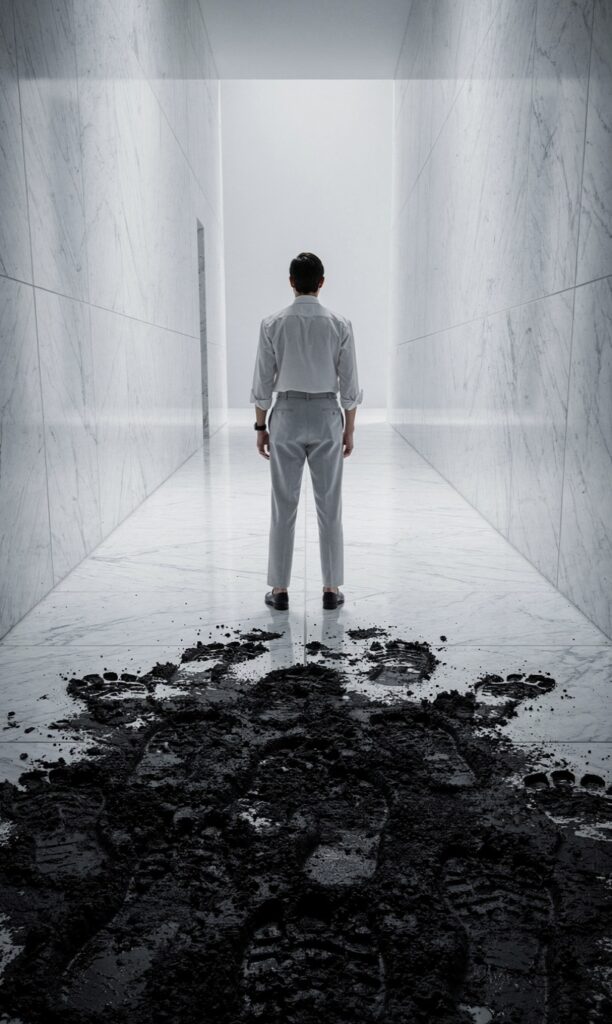 A stark, high-contrast black and white photograph representing boundaries. A person stands completely calm and composed at the edge of a muddy field, looking forward into a clean path of white stone, while chaotic, messy footprints churn in the mud behind them.