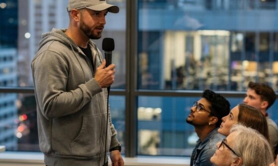 A candid photograph of a values-driven dialogue session where a strategist addresses a diverse audience.