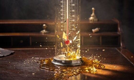 A moody fine-art photo of a broken gauge on a mahogany desk leaking liquid golden light, representing the failure of reducing human worth to spreadsheets.