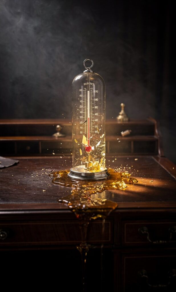 A moody fine-art photo of a broken gauge on a mahogany desk leaking liquid golden light, representing the failure of reducing human worth to spreadsheets.