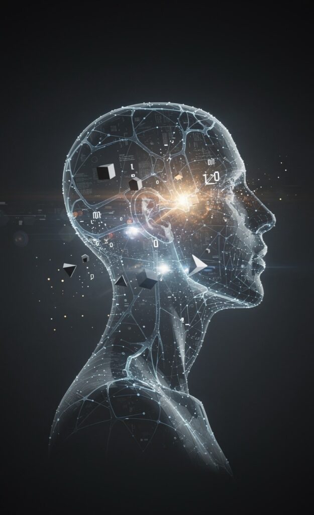 An abstract modern conceptual visualization of neural network connectivity, synaptic plasticity, and personal data synthesis inside a human brain.