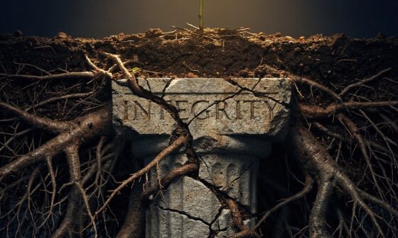 A powerful, metaphorical photograph depicting the root system of a small plant cracking open a solid concrete foundation. In a dimly lit minimalist room, a sharp beam of light illuminates a tiny green weed growing out of a hairline fracture in a polished concrete floor. Deep beneath the surface, visible through a cross-section window effect, the roots are massive, dark, and sprawling, wrapping around the structural pillars of the house.
