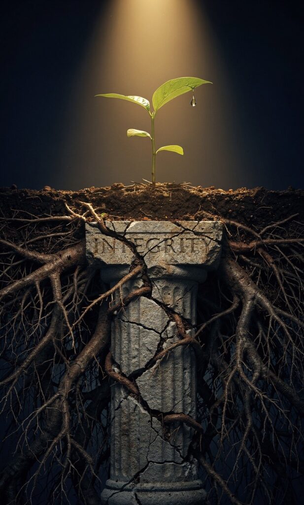 A powerful, metaphorical photograph depicting the root system of a small plant cracking open a solid concrete foundation. In a dimly lit minimalist room, a sharp beam of light illuminates a tiny green weed growing out of a hairline fracture in a polished concrete floor. Deep beneath the surface, visible through a cross-section window effect, the roots are massive, dark, and sprawling, wrapping around the structural pillars of the house.