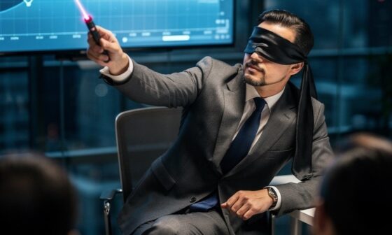 A close-up photograph of a businessperson in a polished suit, seated in an immaculate, modern boardroom. They are intense and focused, pointing definitively at a complex projection of glowing, abstract data, completely oblivious to the fact that their eyes are covered by an opaque, black silk blindfold, symbolizing how expert certainty causes blindness to real-world variables.