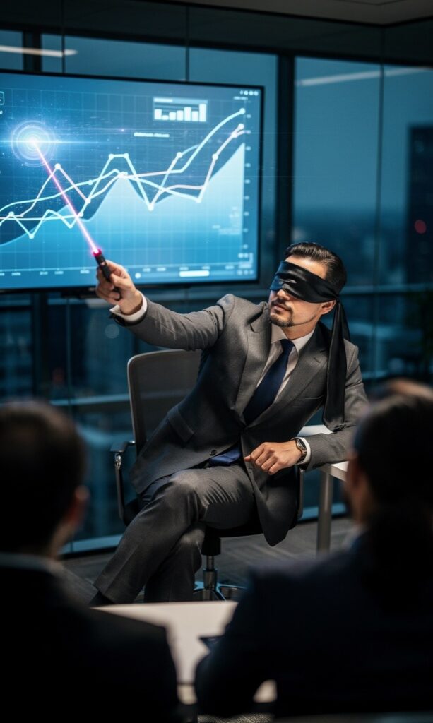 A close-up photograph of a businessperson in a polished suit, seated in an immaculate, modern boardroom. They are intense and focused, pointing definitively at a complex projection of glowing, abstract data, completely oblivious to the fact that their eyes are covered by an opaque, black silk blindfold, symbolizing how expert certainty causes blindness to real-world variables.