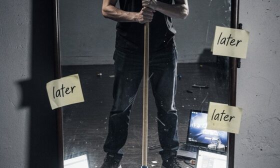 Minimalist yet brutal motivational editorial image, photorealistic, high contrast, serious tone. Scene: A person stands in front of a mirror holding a broom, looking serious and determined, about to clean. The mirror reflection shows the same person surrounded by chaos: scattered pill bottles, glowing screens, empty coffee cups, and sticky notes with the word 'later'. Dramatic lighting, editorial style, powerful composition conveying 'Stop Suffering! The Urgent Case for Getting Your Act Together'.