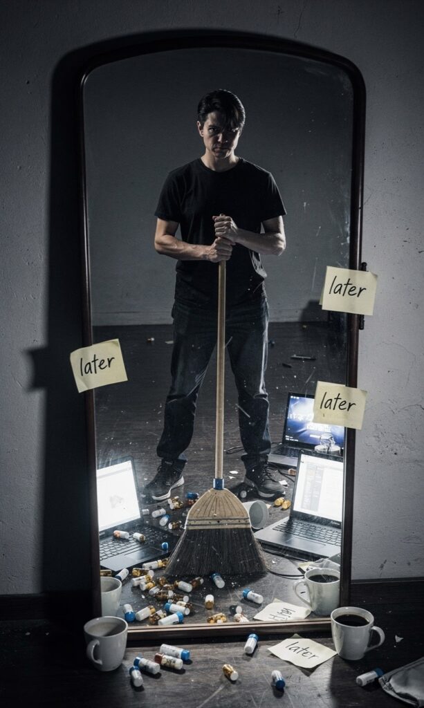 Minimalist yet brutal motivational editorial image, photorealistic, high contrast, serious tone. Scene: A person stands in front of a mirror holding a broom, looking serious and determined, about to clean. The mirror reflection shows the same person surrounded by chaos: scattered pill bottles, glowing screens, empty coffee cups, and sticky notes with the word 'later'. Dramatic lighting, editorial style, powerful composition conveying 'Stop Suffering! The Urgent Case for Getting Your Act Together'.