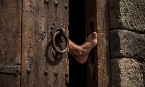 A minimalist image showing a plain white wall with a large, sturdy door. The door is cracked open just an inch, and a simple, brown wooden footrest is shoved into the opening, blocking it from closing completely, illustrating the 'foot-in-the-door' technique.