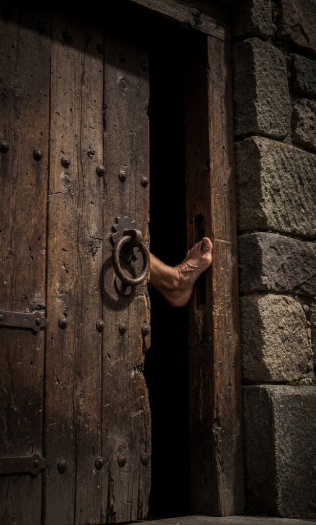 A minimalist image showing a plain white wall with a large, sturdy door. The door is cracked open just an inch, and a simple, brown wooden footrest is shoved into the opening, blocking it from closing completely, illustrating the 'foot-in-the-door' technique.