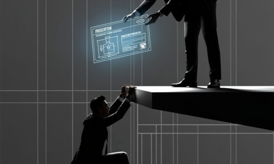 Minimalist illustration of a leader offering a blueprint solution to help someone climb higher, symbolizing the Lifting Rule.