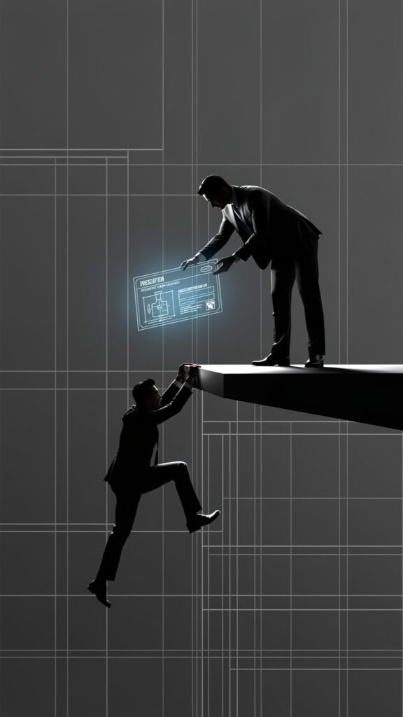 Minimalist illustration of a leader offering a blueprint solution to help someone climb higher, symbolizing the Lifting Rule.