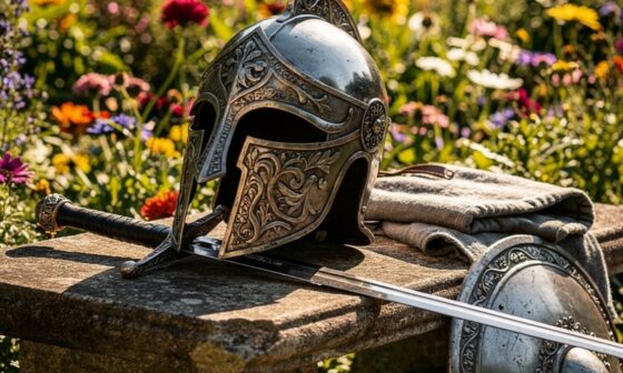 A historic warrior's helmet resting on a stone pedestal in a blooming garden, symbolizing the integration of strength and peace in a formidable character.