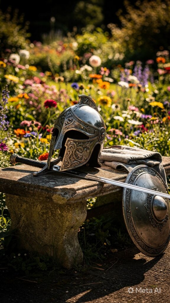 A historic warrior's helmet resting on a stone pedestal in a blooming garden, symbolizing the integration of strength and peace in a formidable character.