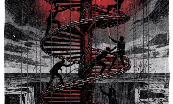 A symbolic graphic novel illustration shows an endless spiral staircase made of chains where silhouetted figures are climbing and pushing others down, all enclosed within a large, crumbling cage outline, visualizing the cycle where the oppressed aspire to become the oppressor.