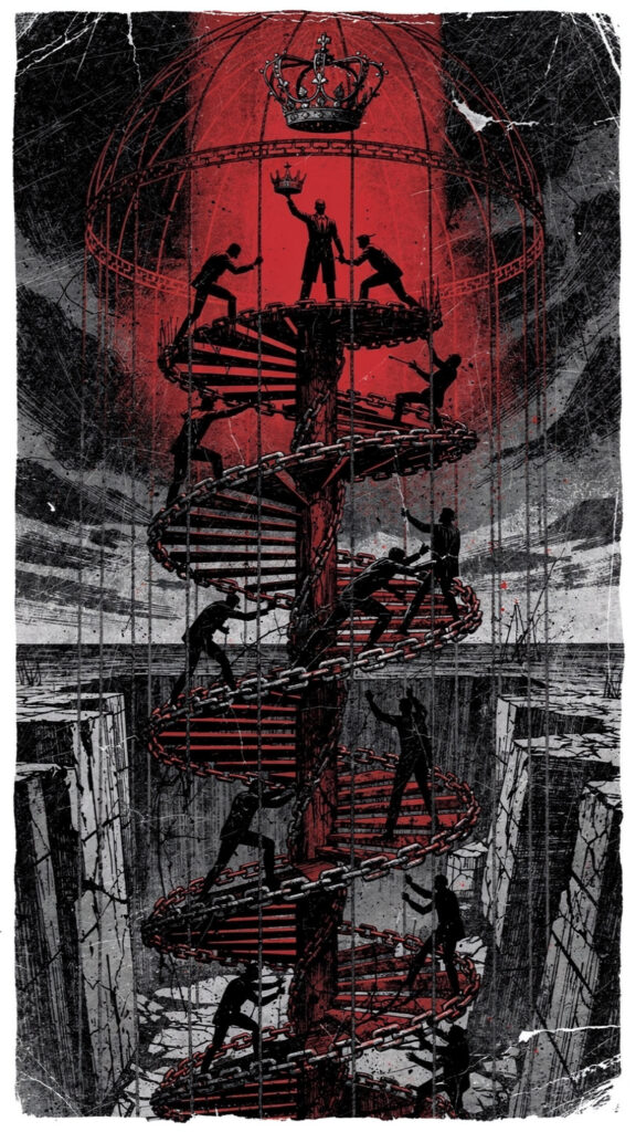 A symbolic graphic novel illustration shows an endless spiral staircase made of chains where silhouetted figures are climbing and pushing others down, all enclosed within a large, crumbling cage outline, visualizing the cycle where the oppressed aspire to become the oppressor.