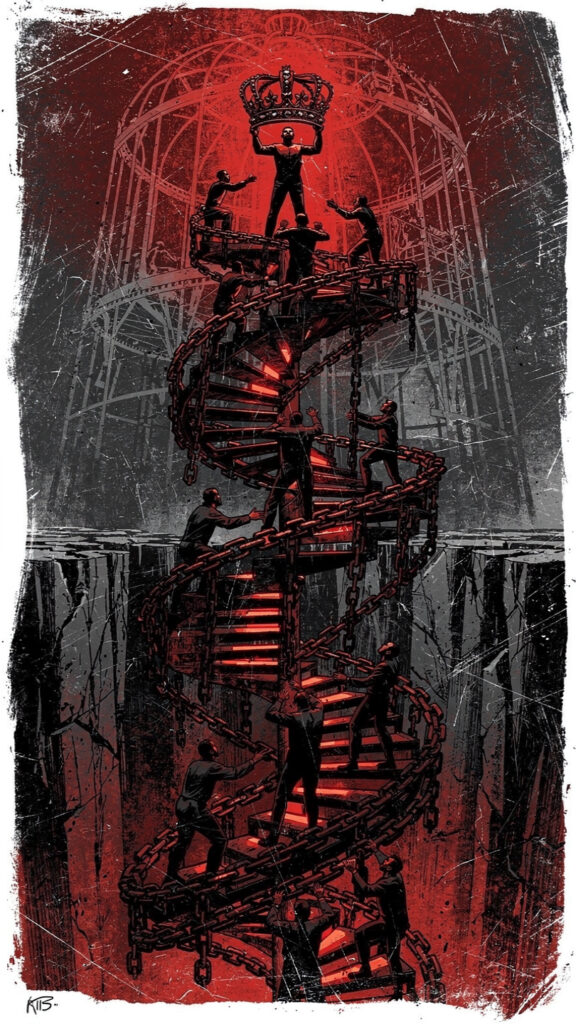 A symbolic graphic novel illustration shows an endless spiral staircase made of chains where silhouetted figures are climbing and pushing others down, all enclosed within a large, crumbling cage outline, visualizing the cycle where the oppressed aspire to become the oppressor.