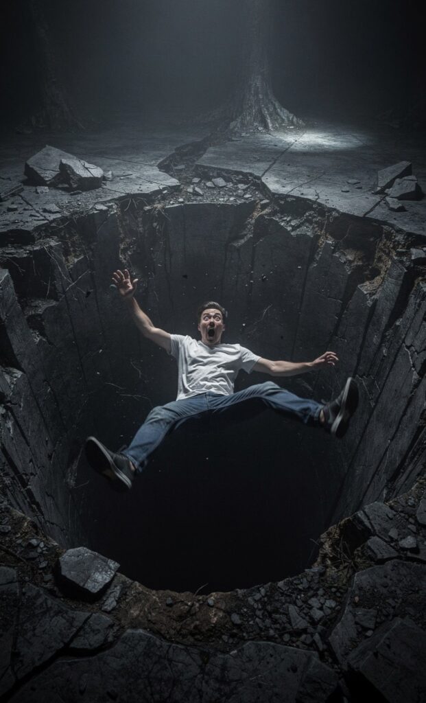 A person actively falling into a hole from The Tyranny of Small Decisions: The Dangerous Power of the "Just This Once" Mindset