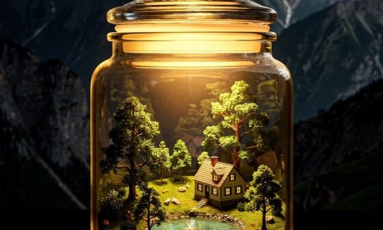 A symbolic image of a manicured landscape inside a closed golden jar next to an untamed real mountain range, representing the trap of a programmed world versus an unpredictable reality.