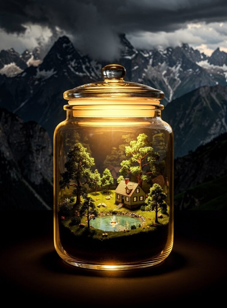 A symbolic image of a manicured landscape inside a closed golden jar next to an untamed real mountain range, representing the trap of a programmed world versus an unpredictable reality.