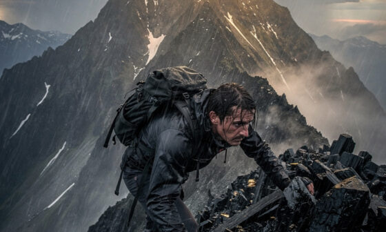 A cinematic image of a determined climber ascending a steep mountain ridge in a storm, representing the full tenacity demanded by purpose