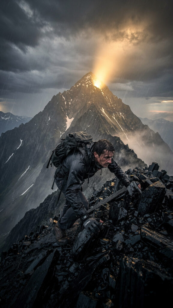 A cinematic image of a determined climber ascending a steep mountain ridge in a storm, representing the full tenacity demanded by purpose