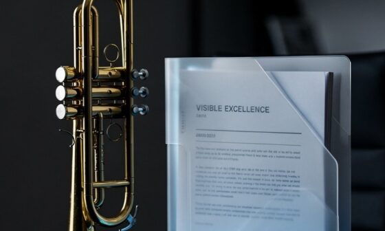 A high-contrast, minimalist shot of a brass trumpet standing upright on a polished black desk in a modern, well-lit office. And a creative conceptual image of a glowing, translucent folder containing high-quality documents, set against a dark office environment.