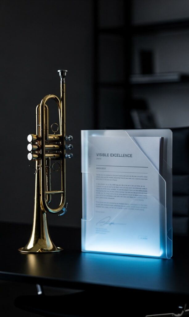 A high-contrast, minimalist shot of a brass trumpet standing upright on a polished black desk in a modern, well-lit office. And a creative conceptual image of a glowing, translucent folder containing high-quality documents, set against a dark office environment.