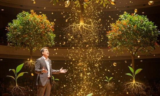 A speaker's words transform into seeds that grow into trees, representing the lasting influence of meaningful speech.