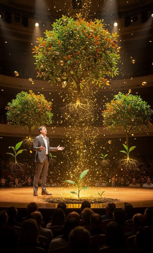 A speaker's words transform into seeds that grow into trees, representing the lasting influence of meaningful speech.