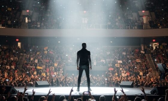 A young man standing on a stage, symbolizing the intersection of community impact and personal persistence.
