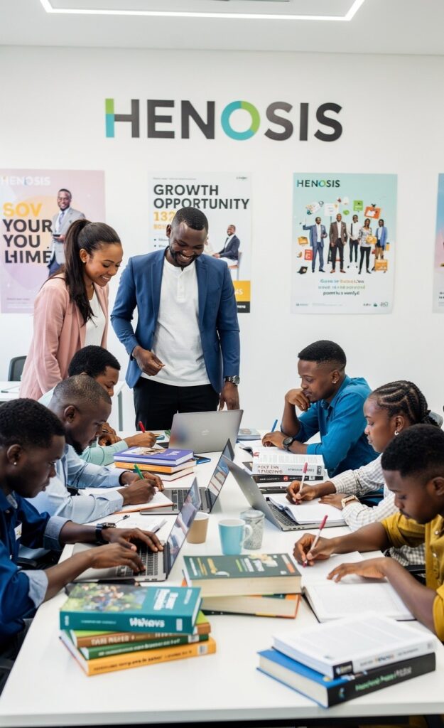 Students and mentors gather in a HENOSIS learning environment focused on education and personal development.