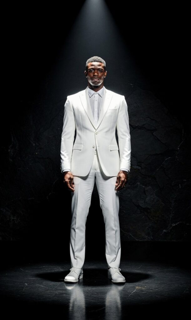 A full-body shot of a young black man standing upright in a brilliant, sparkling white suit, white socks, and white shoes inside a pitch-black environment under a single bright spotlight, symbolizing a firm stance of total structural immunity and purity.